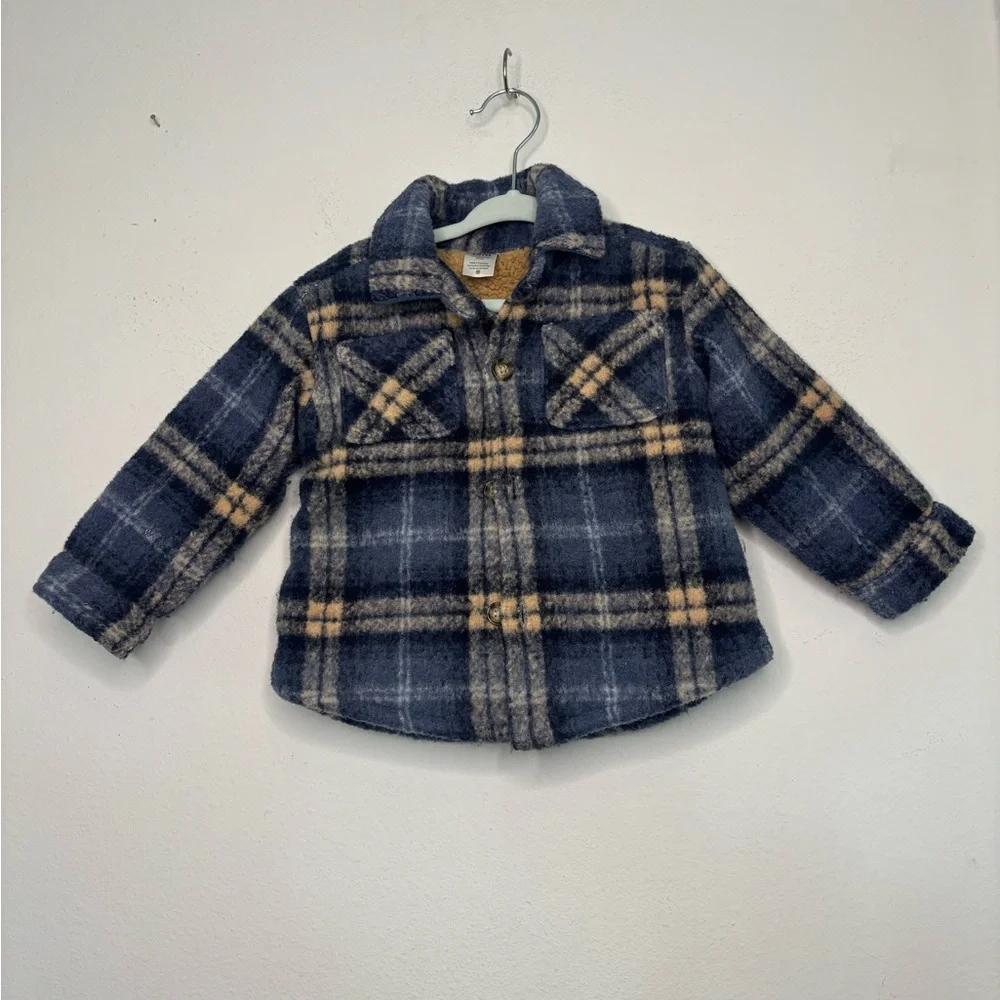CARTERS SHERPA PLAID BUTTON UP BABY BOYS COAT SZ 18 MONTHS